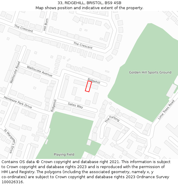 33, RIDGEHILL, BRISTOL, BS9 4SB: Location map and indicative extent of plot