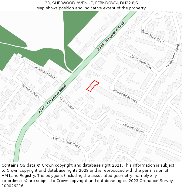 33, SHERWOOD AVENUE, FERNDOWN, BH22 8JS: Location map and indicative extent of plot