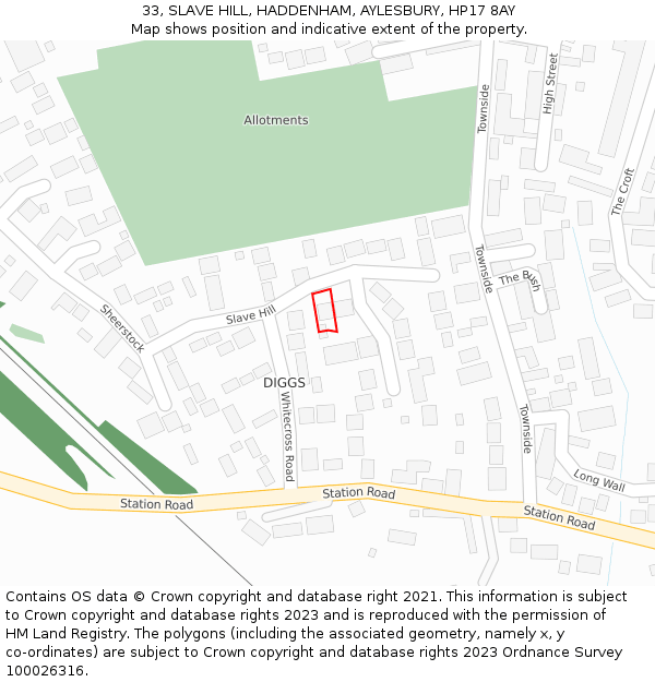 33, SLAVE HILL, HADDENHAM, AYLESBURY, HP17 8AY: Location map and indicative extent of plot