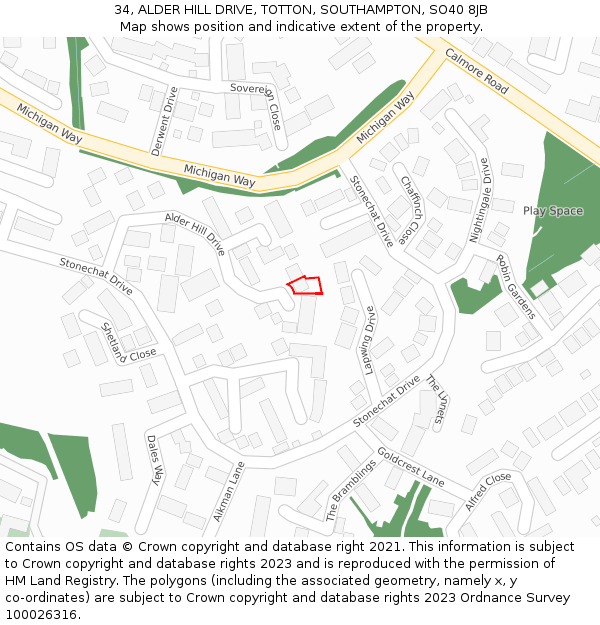 34, ALDER HILL DRIVE, TOTTON, SOUTHAMPTON, SO40 8JB: Location map and indicative extent of plot