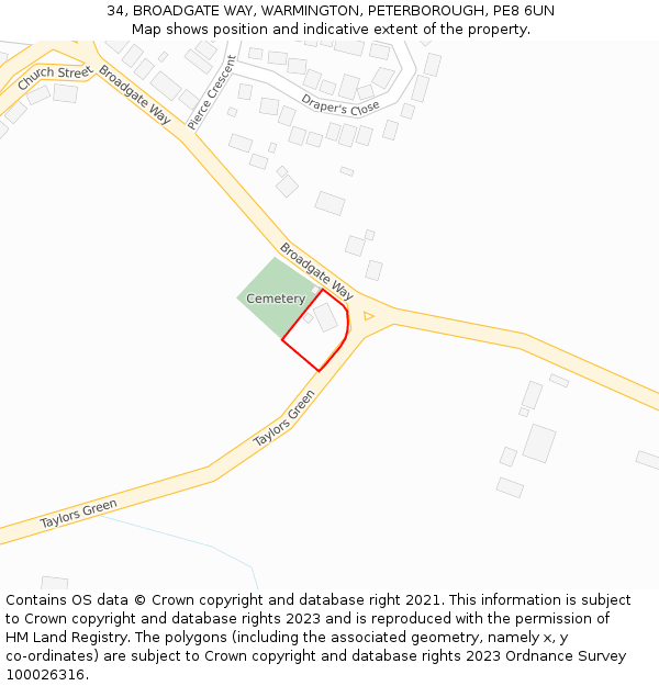 34, BROADGATE WAY, WARMINGTON, PETERBOROUGH, PE8 6UN: Location map and indicative extent of plot