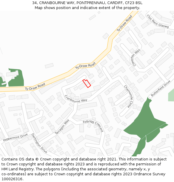 34, CRANBOURNE WAY, PONTPRENNAU, CARDIFF, CF23 8SL: Location map and indicative extent of plot