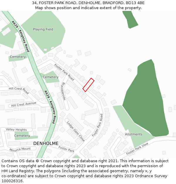 34, FOSTER PARK ROAD, DENHOLME, BRADFORD, BD13 4BE: Location map and indicative extent of plot