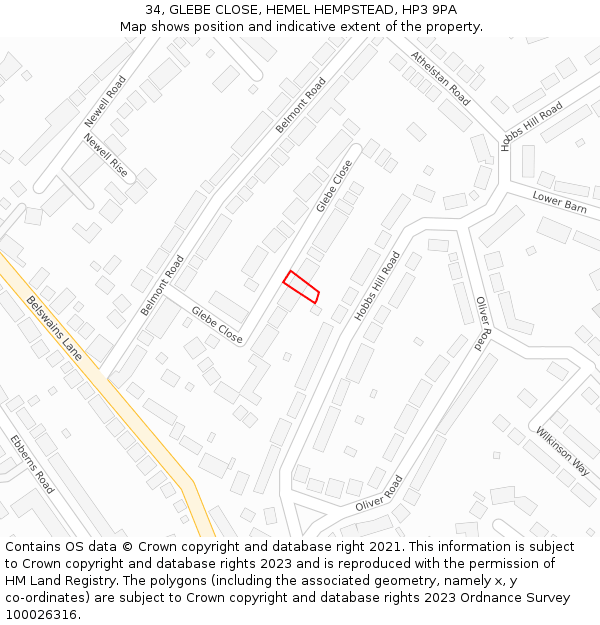 34, GLEBE CLOSE, HEMEL HEMPSTEAD, HP3 9PA: Location map and indicative extent of plot