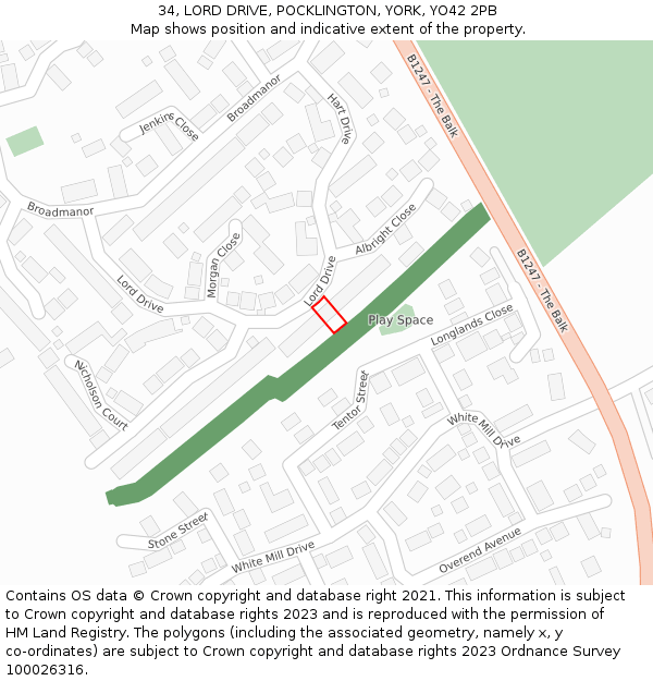 34, LORD DRIVE, POCKLINGTON, YORK, YO42 2PB: Location map and indicative extent of plot