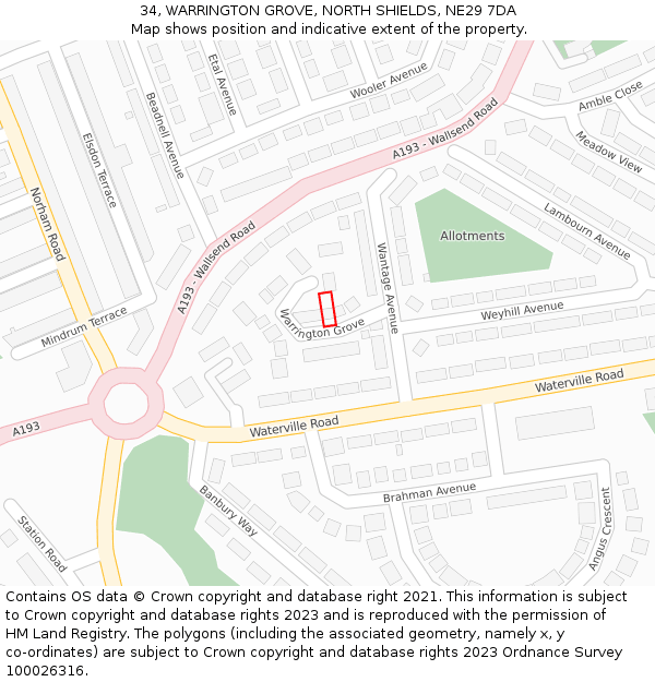 34, WARRINGTON GROVE, NORTH SHIELDS, NE29 7DA: Location map and indicative extent of plot