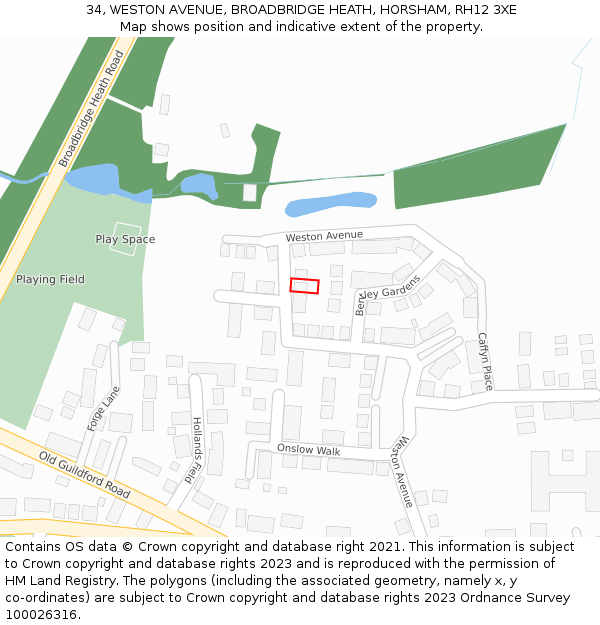 34, WESTON AVENUE, BROADBRIDGE HEATH, HORSHAM, RH12 3XE: Location map and indicative extent of plot