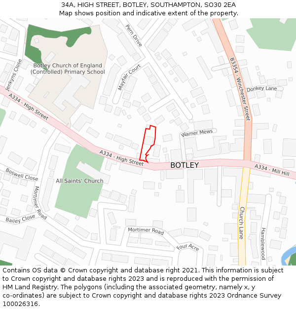 34A, HIGH STREET, BOTLEY, SOUTHAMPTON, SO30 2EA: Location map and indicative extent of plot