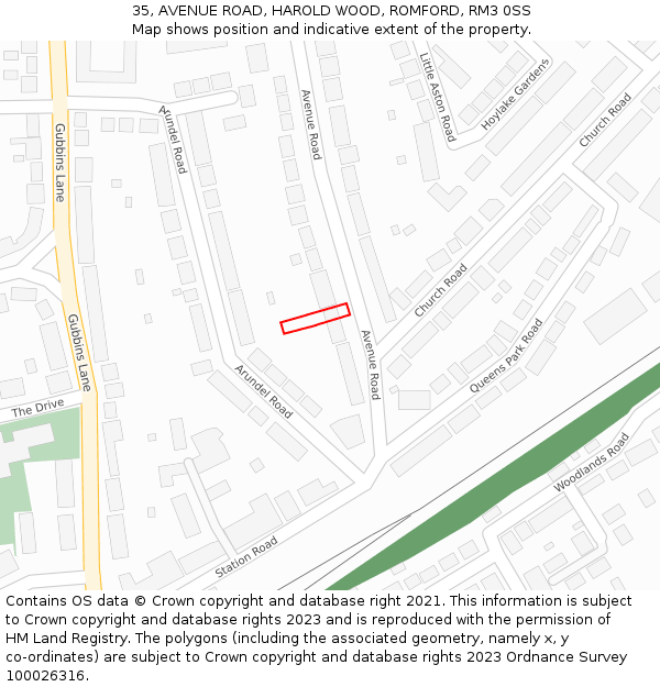 35, AVENUE ROAD, HAROLD WOOD, ROMFORD, RM3 0SS: Location map and indicative extent of plot