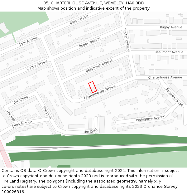 35, CHARTERHOUSE AVENUE, WEMBLEY, HA0 3DD: Location map and indicative extent of plot