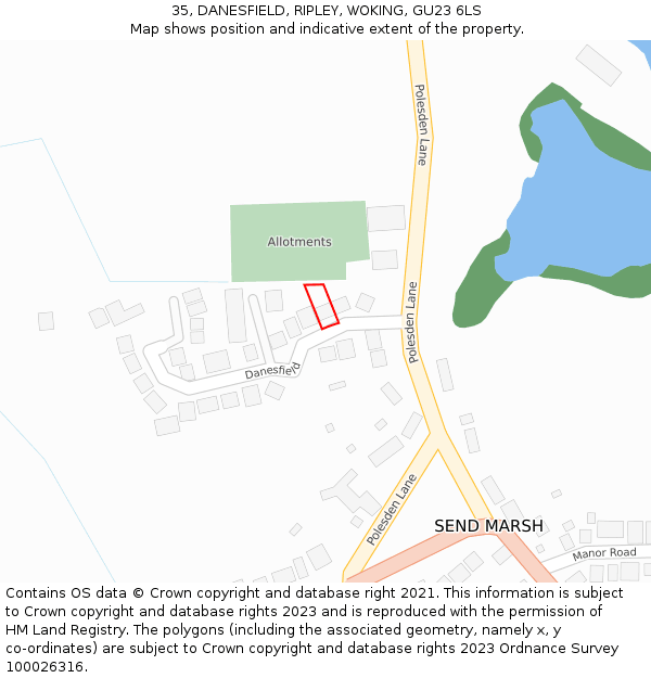 35, DANESFIELD, RIPLEY, WOKING, GU23 6LS: Location map and indicative extent of plot