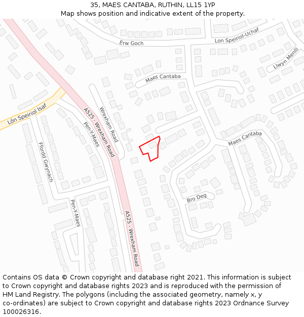 35, MAES CANTABA, RUTHIN, LL15 1YP: Location map and indicative extent of plot