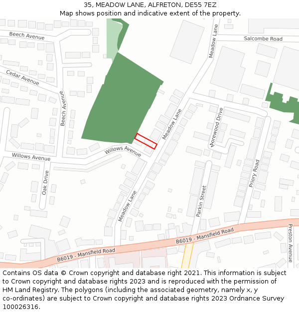 35, MEADOW LANE, ALFRETON, DE55 7EZ: Location map and indicative extent of plot