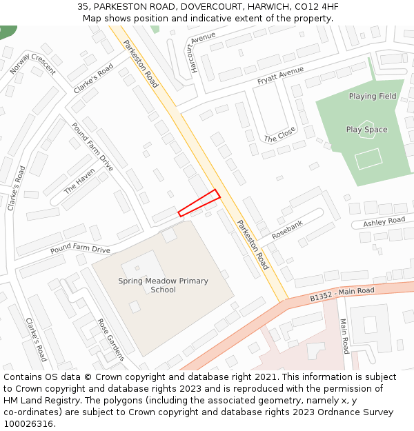 35, PARKESTON ROAD, DOVERCOURT, HARWICH, CO12 4HF: Location map and indicative extent of plot