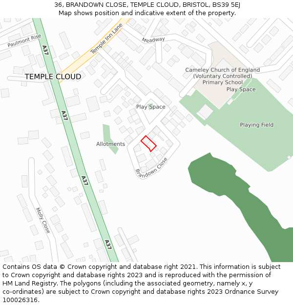 36, BRANDOWN CLOSE, TEMPLE CLOUD, BRISTOL, BS39 5EJ: Location map and indicative extent of plot