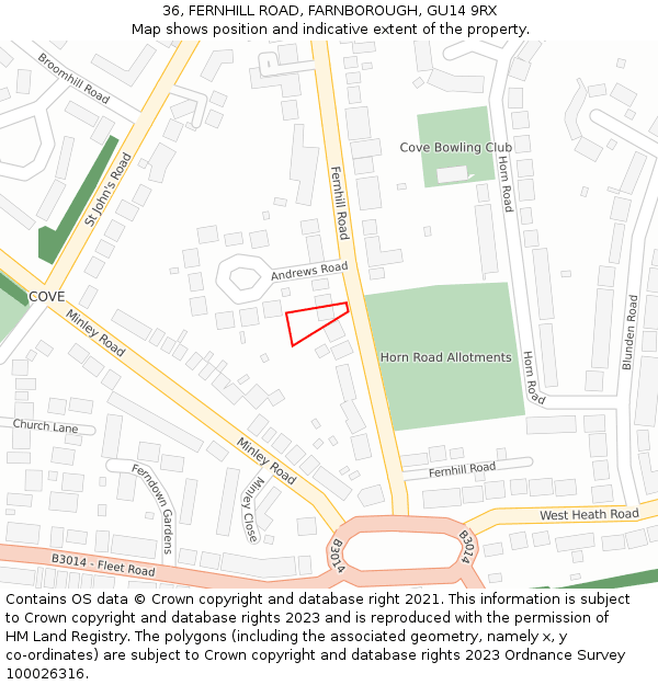 36, FERNHILL ROAD, FARNBOROUGH, GU14 9RX: Location map and indicative extent of plot