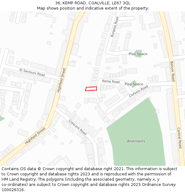 36, KEMP ROAD, COALVILLE, LE67 3QL: Location map and indicative extent of plot