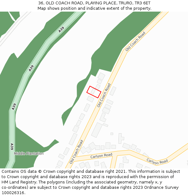 36, OLD COACH ROAD, PLAYING PLACE, TRURO, TR3 6ET: Location map and indicative extent of plot