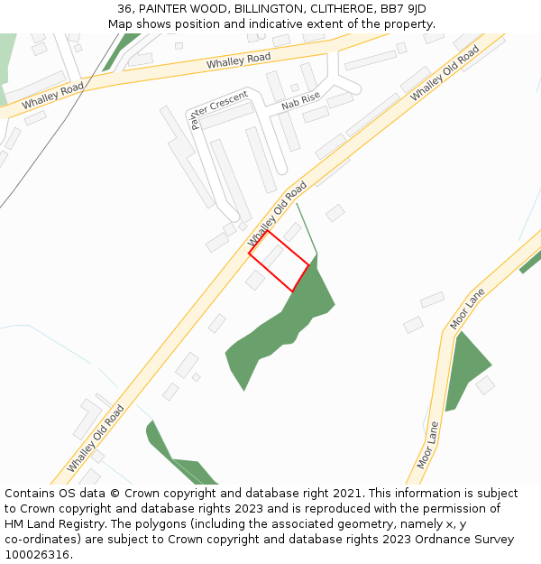 36, PAINTER WOOD, BILLINGTON, CLITHEROE, BB7 9JD: Location map and indicative extent of plot