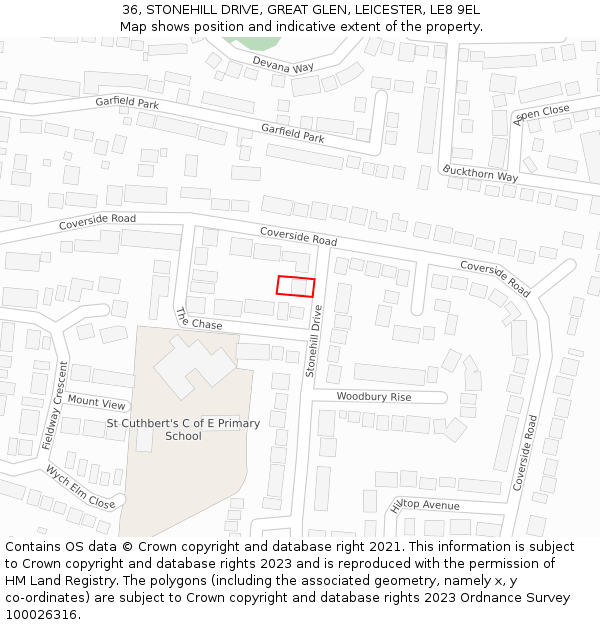 36, STONEHILL DRIVE, GREAT GLEN, LEICESTER, LE8 9EL: Location map and indicative extent of plot