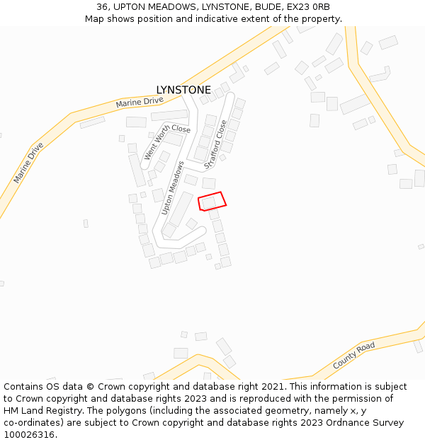 36, UPTON MEADOWS, LYNSTONE, BUDE, EX23 0RB: Location map and indicative extent of plot