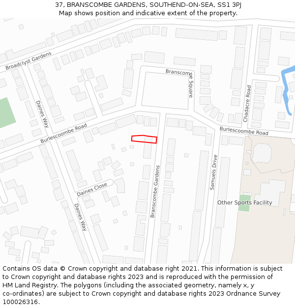 37, BRANSCOMBE GARDENS, SOUTHEND-ON-SEA, SS1 3PJ: Location map and indicative extent of plot