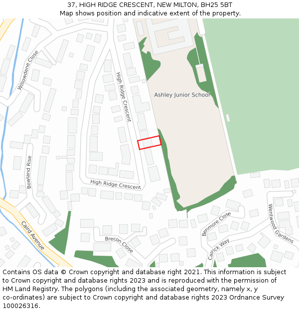 37, HIGH RIDGE CRESCENT, NEW MILTON, BH25 5BT: Location map and indicative extent of plot