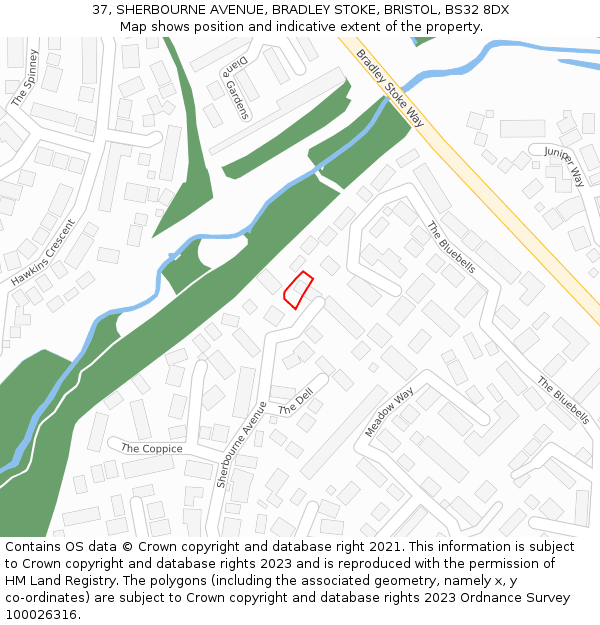 37, SHERBOURNE AVENUE, BRADLEY STOKE, BRISTOL, BS32 8DX: Location map and indicative extent of plot