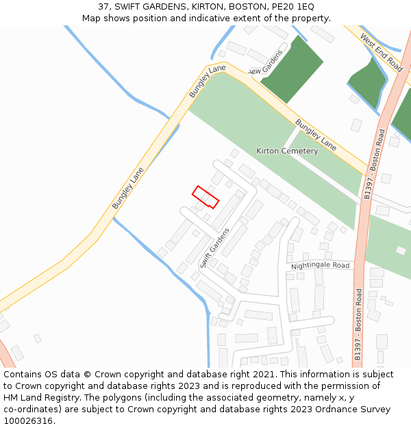 37, SWIFT GARDENS, KIRTON, BOSTON, PE20 1EQ: Location map and indicative extent of plot