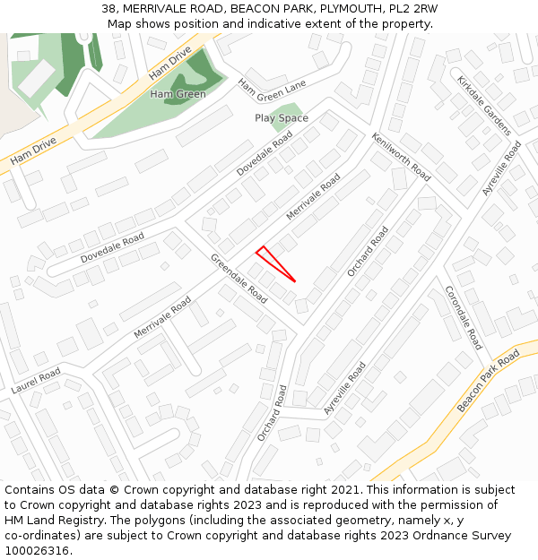 38, MERRIVALE ROAD, BEACON PARK, PLYMOUTH, PL2 2RW: Location map and indicative extent of plot