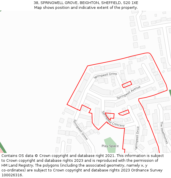 38, SPRINGWELL GROVE, BEIGHTON, SHEFFIELD, S20 1XE: Location map and indicative extent of plot