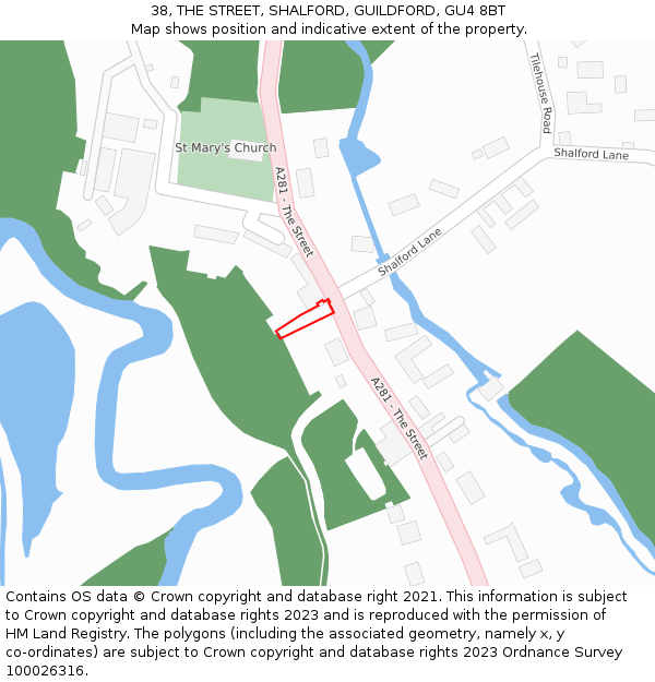 38, THE STREET, SHALFORD, GUILDFORD, GU4 8BT: Location map and indicative extent of plot