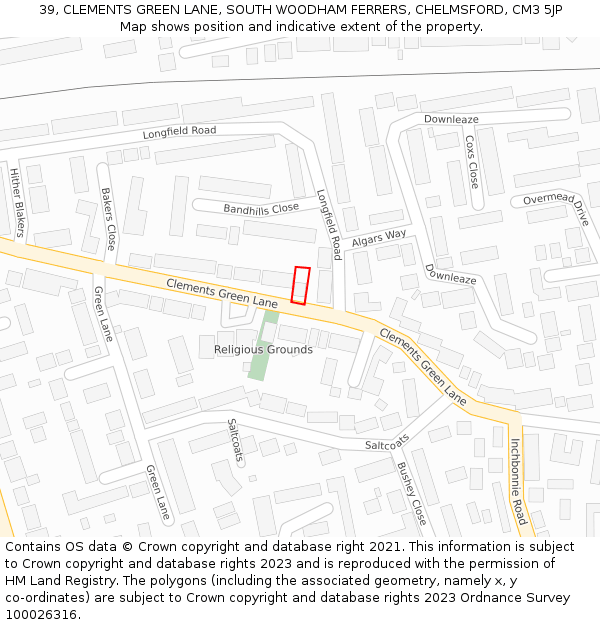 39, CLEMENTS GREEN LANE, SOUTH WOODHAM FERRERS, CHELMSFORD, CM3 5JP: Location map and indicative extent of plot