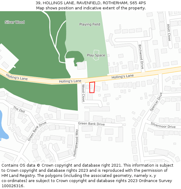 39, HOLLINGS LANE, RAVENFIELD, ROTHERHAM, S65 4PS: Location map and indicative extent of plot