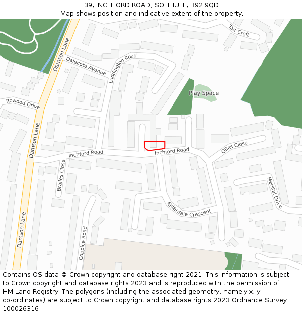 39, INCHFORD ROAD, SOLIHULL, B92 9QD: Location map and indicative extent of plot