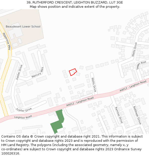 39, RUTHERFORD CRESCENT, LEIGHTON BUZZARD, LU7 3GE: Location map and indicative extent of plot