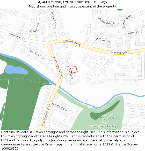 4, AMIS CLOSE, LOUGHBOROUGH, LE11 4QX: Location map and indicative extent of plot