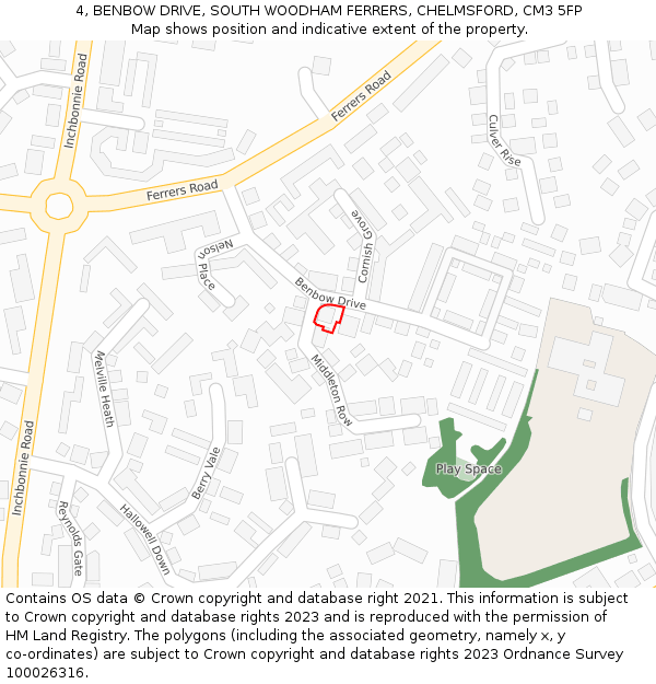 4, BENBOW DRIVE, SOUTH WOODHAM FERRERS, CHELMSFORD, CM3 5FP: Location map and indicative extent of plot