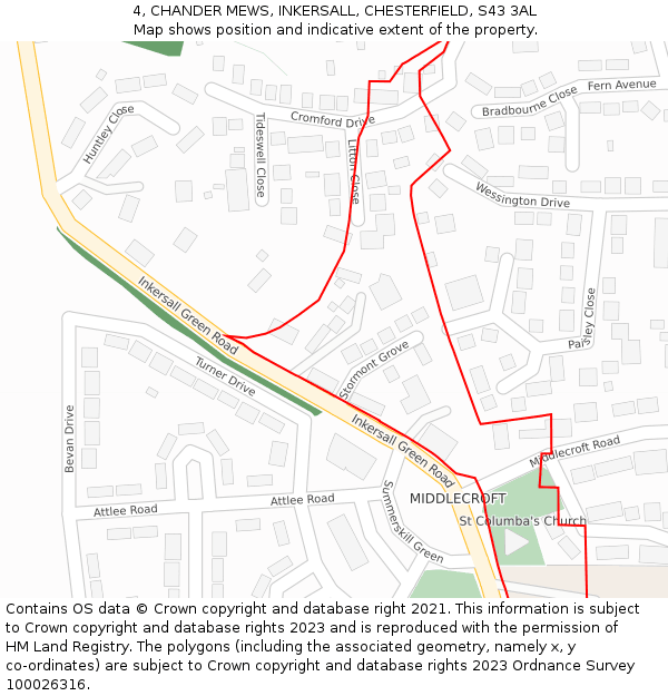 4, CHANDER MEWS, INKERSALL, CHESTERFIELD, S43 3AL: Location map and indicative extent of plot