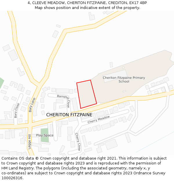 4, CLEEVE MEADOW, CHERITON FITZPAINE, CREDITON, EX17 4BP: Location map and indicative extent of plot