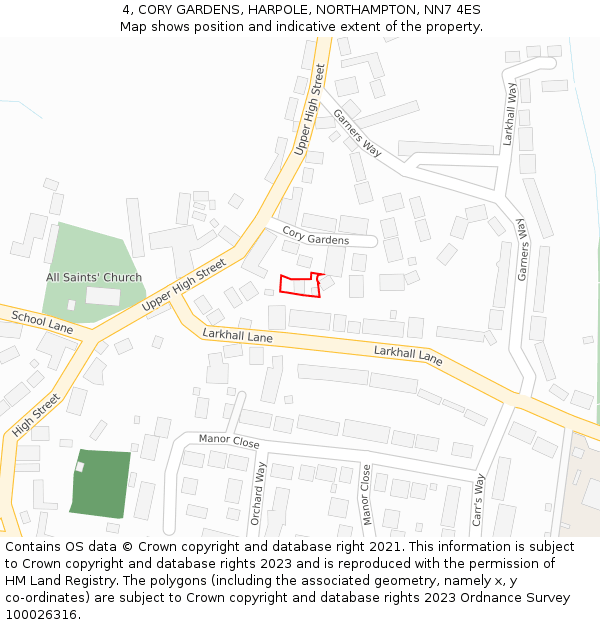 4, CORY GARDENS, HARPOLE, NORTHAMPTON, NN7 4ES: Location map and indicative extent of plot