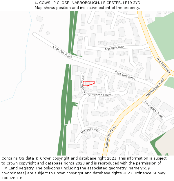 4, COWSLIP CLOSE, NARBOROUGH, LEICESTER, LE19 3YD: Location map and indicative extent of plot