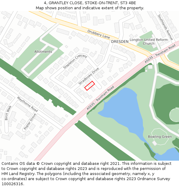 4, GRANTLEY CLOSE, STOKE-ON-TRENT, ST3 4BE: Location map and indicative extent of plot