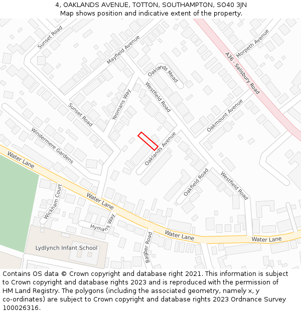 4, OAKLANDS AVENUE, TOTTON, SOUTHAMPTON, SO40 3JN: Location map and indicative extent of plot