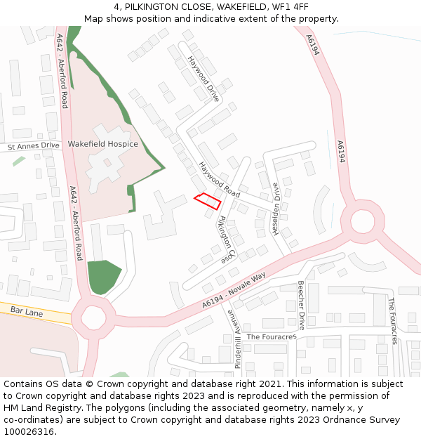 4, PILKINGTON CLOSE, WAKEFIELD, WF1 4FF: Location map and indicative extent of plot