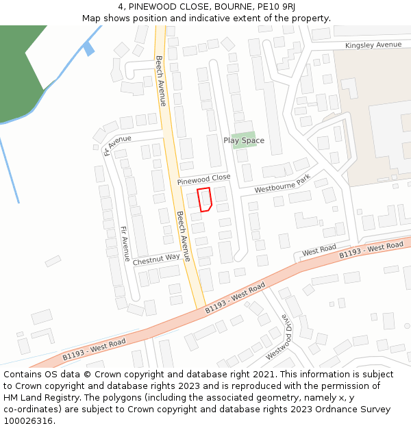 4, PINEWOOD CLOSE, BOURNE, PE10 9RJ: Location map and indicative extent of plot