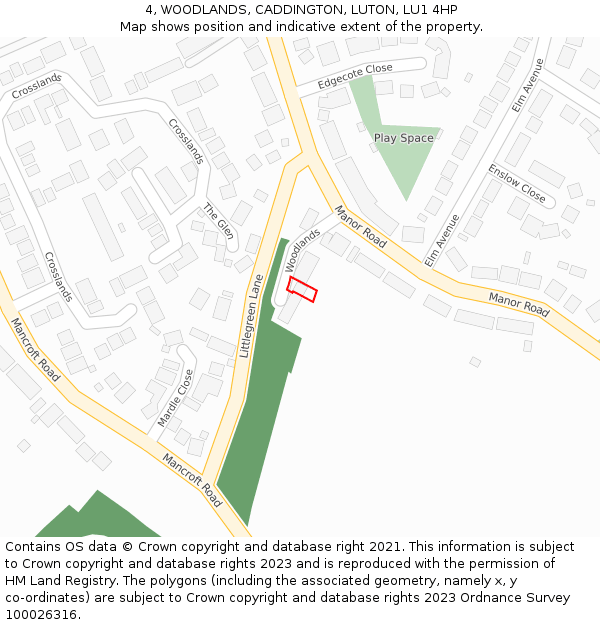 4, WOODLANDS, CADDINGTON, LUTON, LU1 4HP: Location map and indicative extent of plot