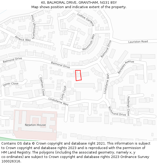 40, BALMORAL DRIVE, GRANTHAM, NG31 8SY: Location map and indicative extent of plot