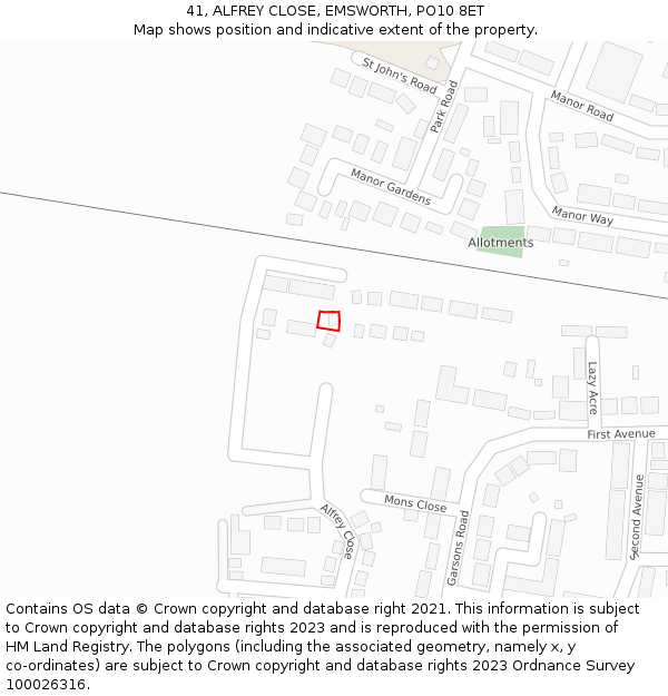 41, ALFREY CLOSE, EMSWORTH, PO10 8ET: Location map and indicative extent of plot