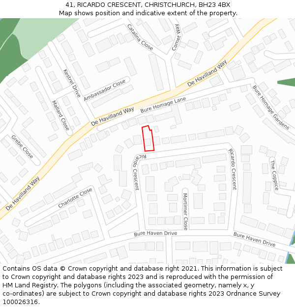 41, RICARDO CRESCENT, CHRISTCHURCH, BH23 4BX: Location map and indicative extent of plot